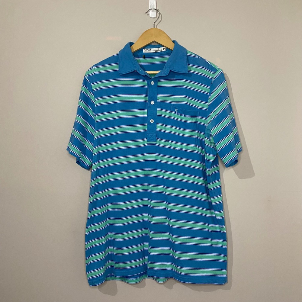 Criquet Mens Players Shirt Large Blue Green Striped Organic Cotton Polo Pocket